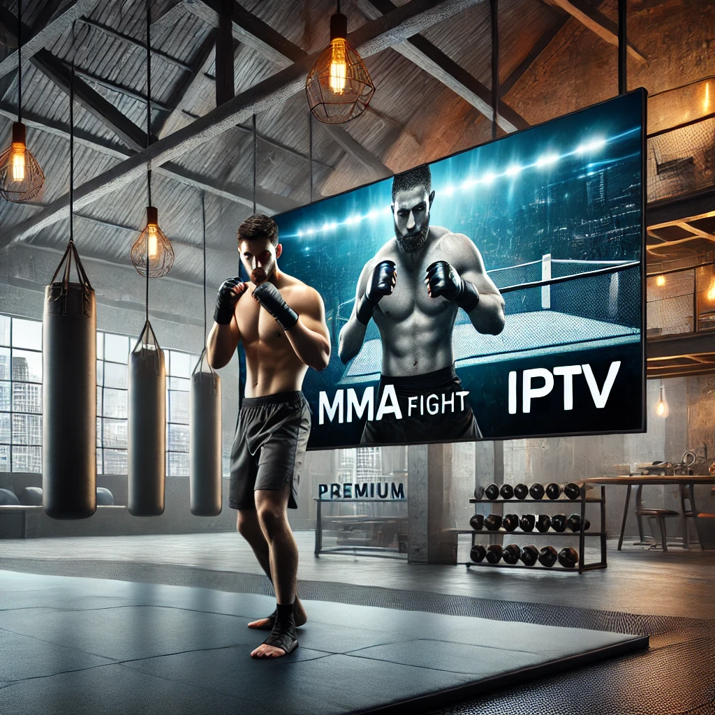 Scène d'entraînement MMA dans un gymnase avec un écran moderne diffusant un combat en HD, mettant en avant une expérience IPTV premium.