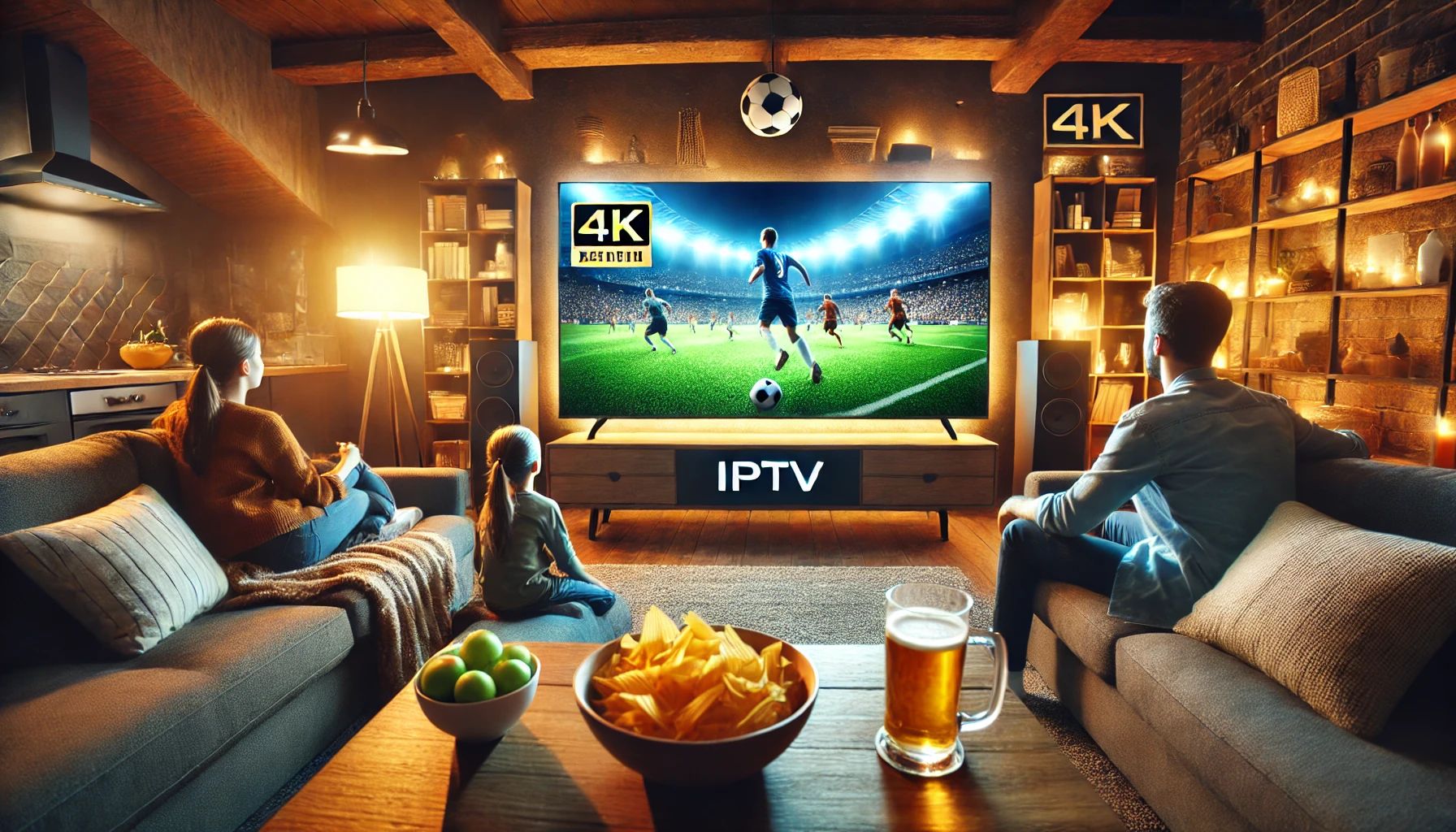 Famille regardant un match de football en HD avec IPTV VIP sur écran 4K.