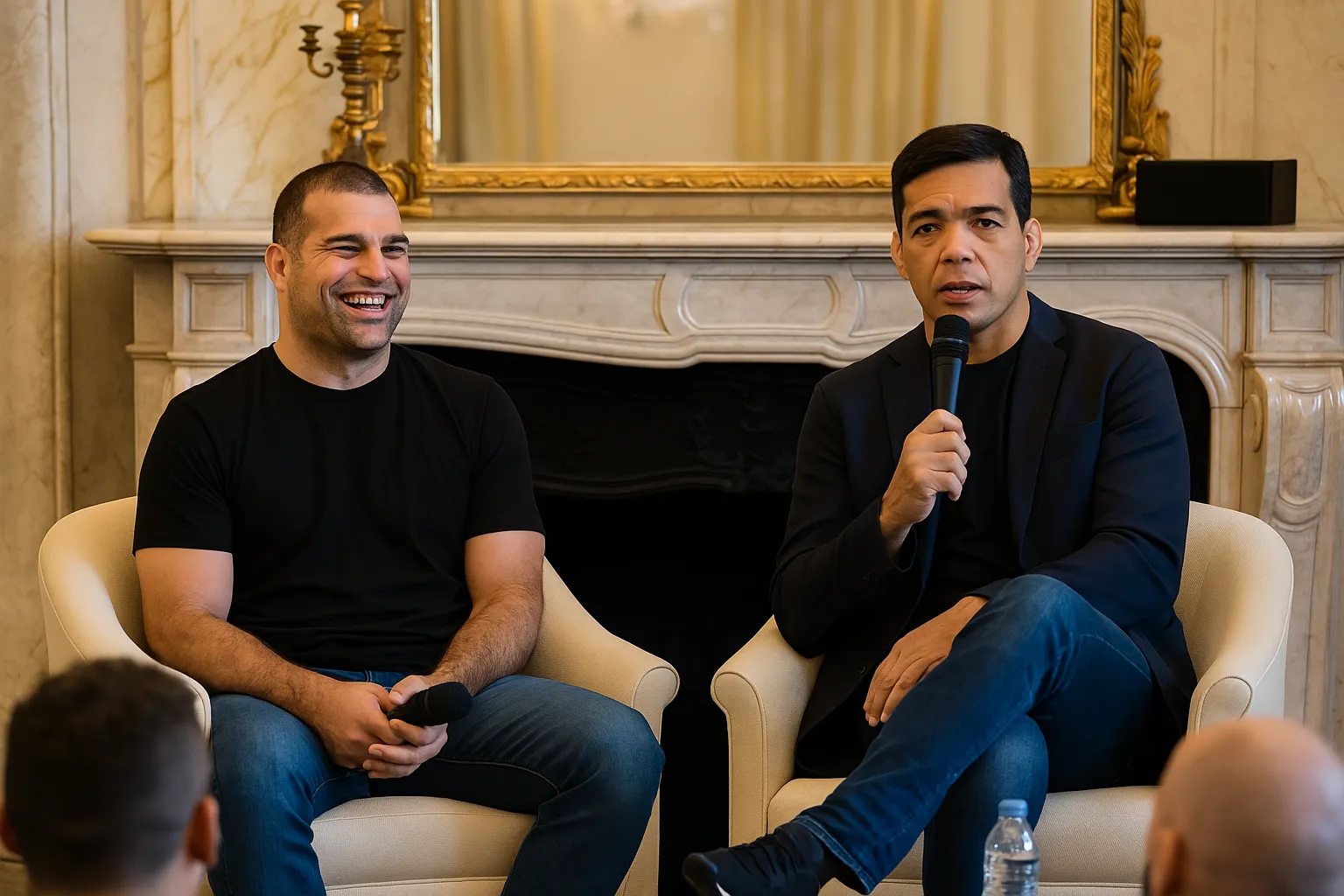 Mauricio Shogun Rua et Lyoto Machida assis sur scène lors d’un événement MMA à Paris