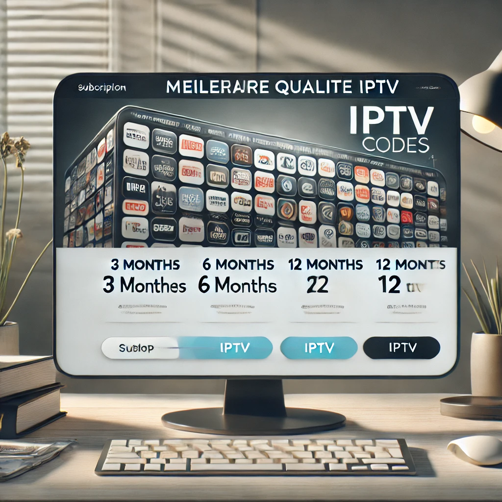 Interface d'une boutique en ligne moderne proposant des codes IPTV en vente, avec des options claires pour 3, 6 et 12 mois, accompagnée d'une bannière 'Meilleure qualité IPTV